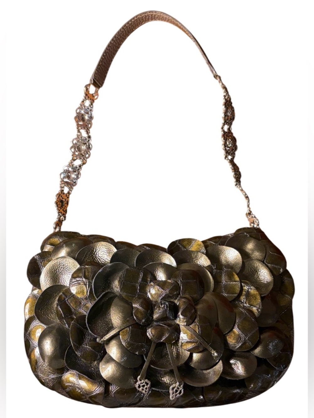 Brighton Rosalie Pewter Flower Leather Handbag Silver Chain Strap